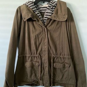 Army jacket with grey hoodie